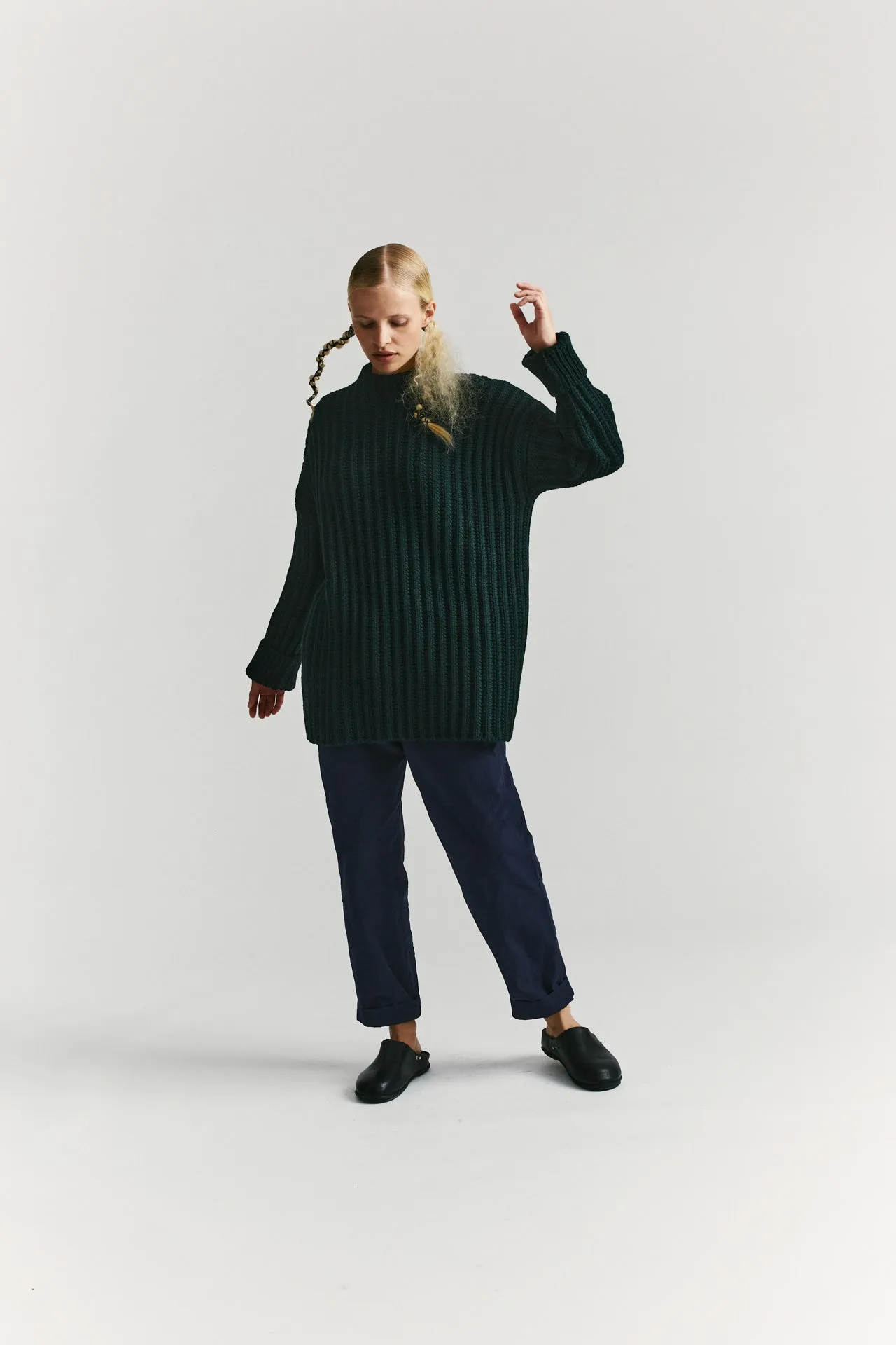 CREW NECK OPEN RIB SWEATER - WOOLY - GREEN