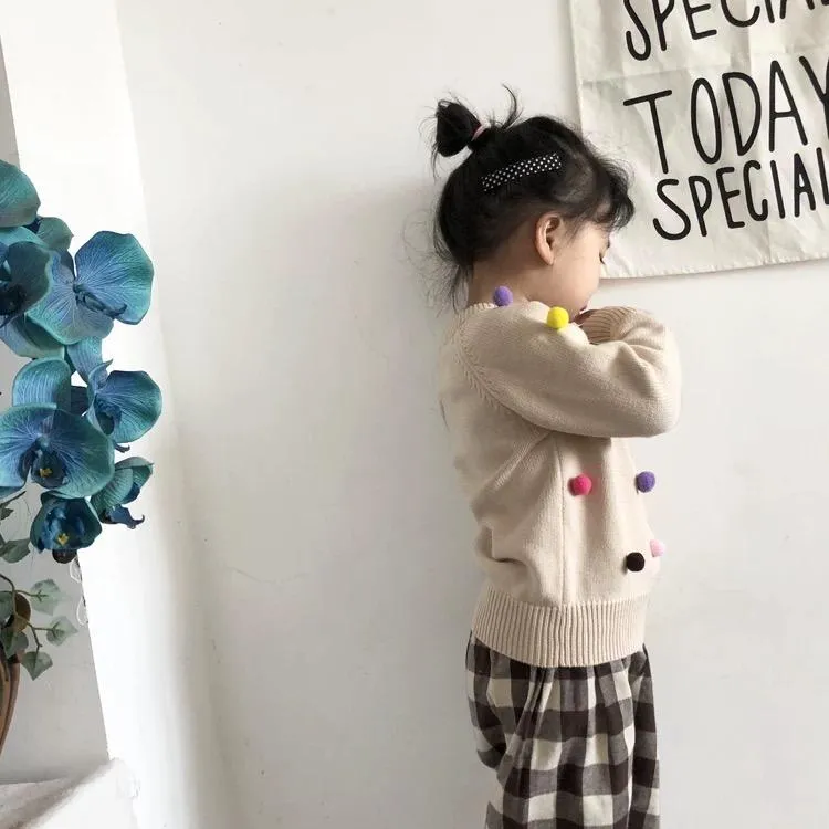 Cute Colorful Jumper Ball Trimmed Knitted Cotton Sweater Children Winter Clothes