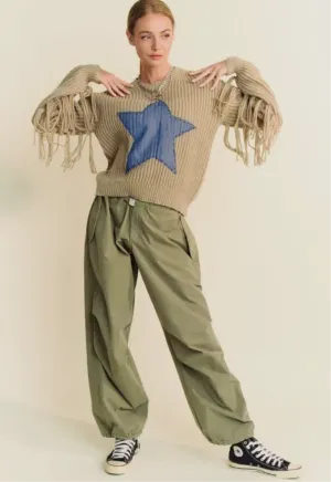 Denim Star & Fringe Detail Sweater
