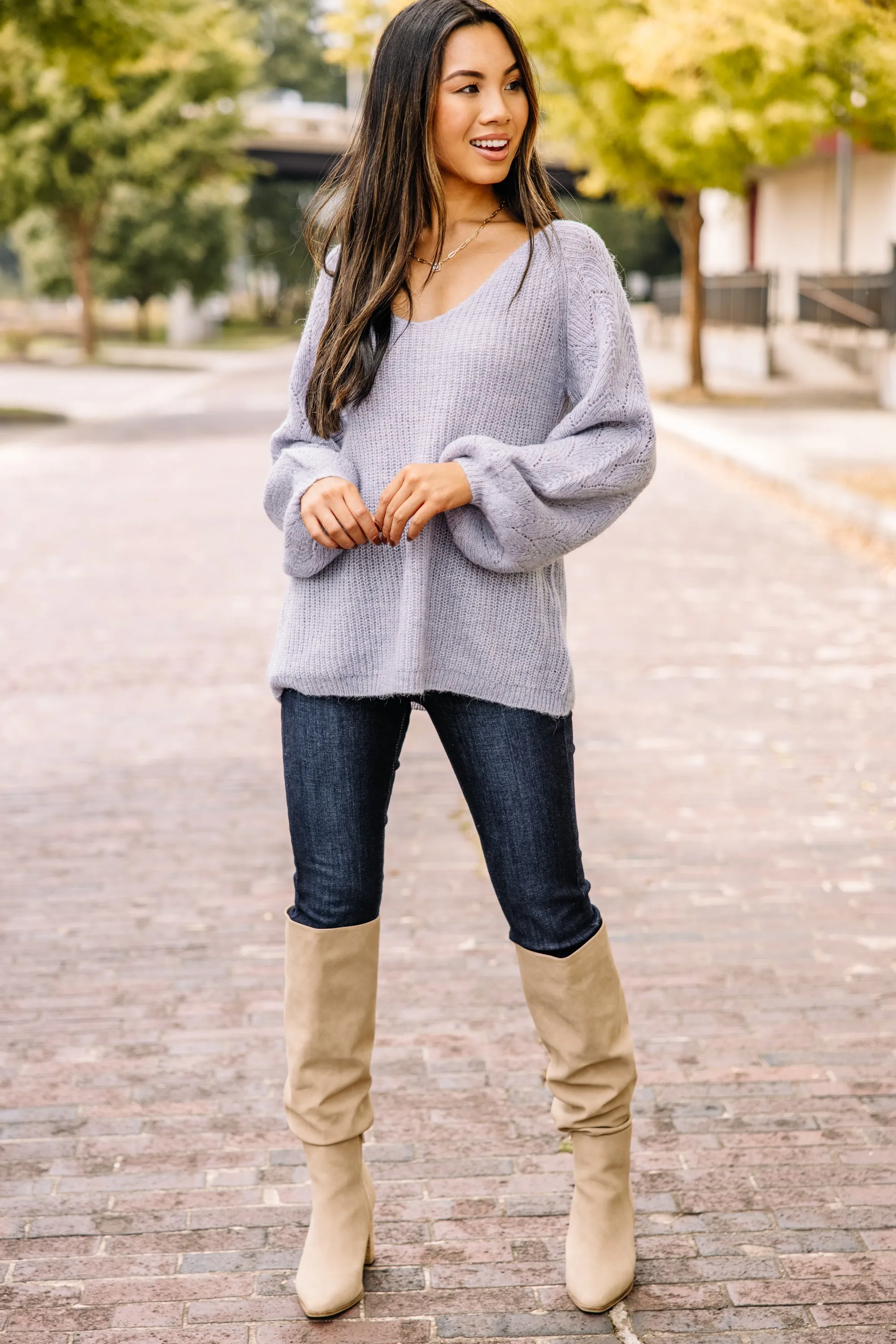 Don't Go Far Dusty Blue Bubble Sleeve Sweater