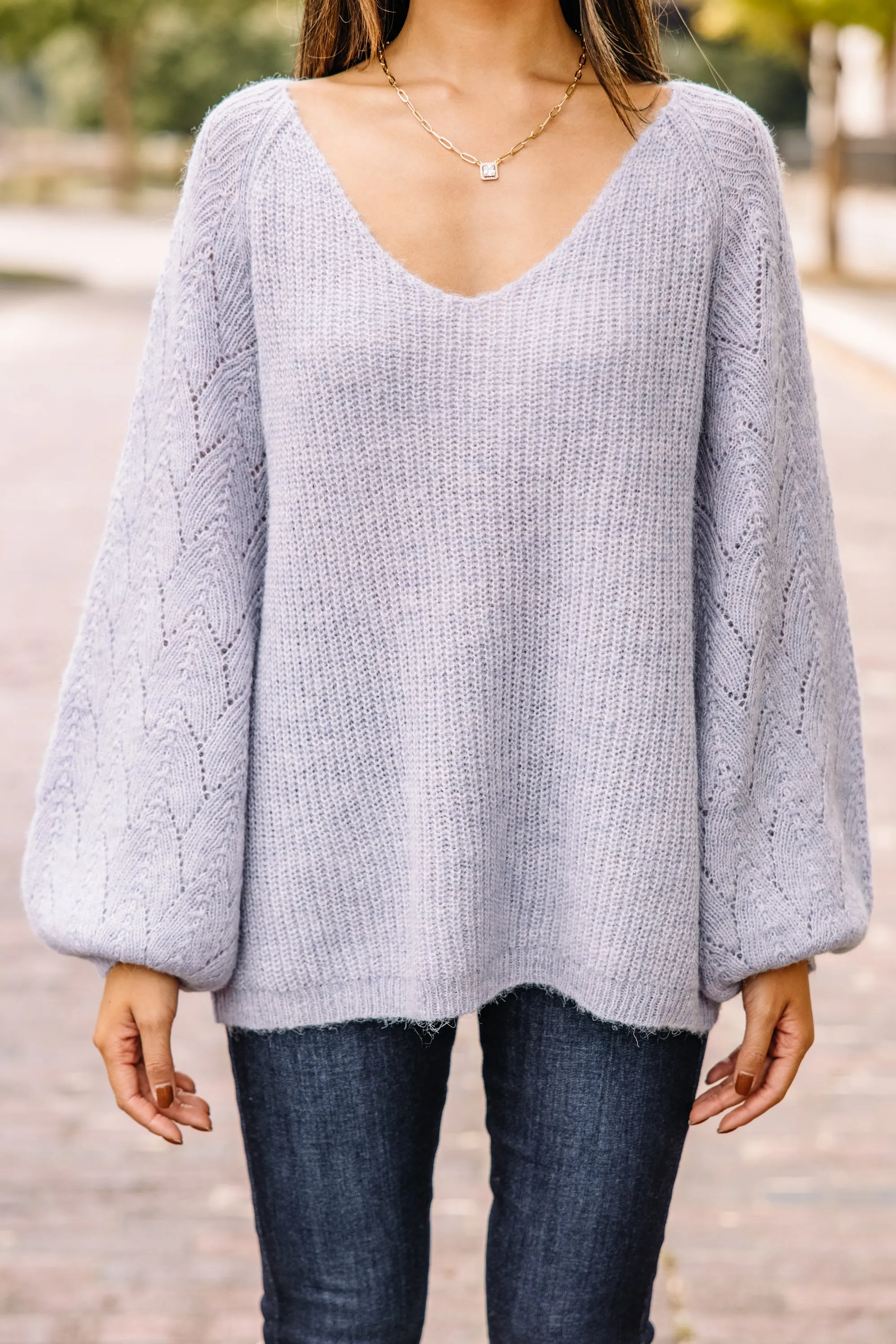 Don't Go Far Dusty Blue Bubble Sleeve Sweater