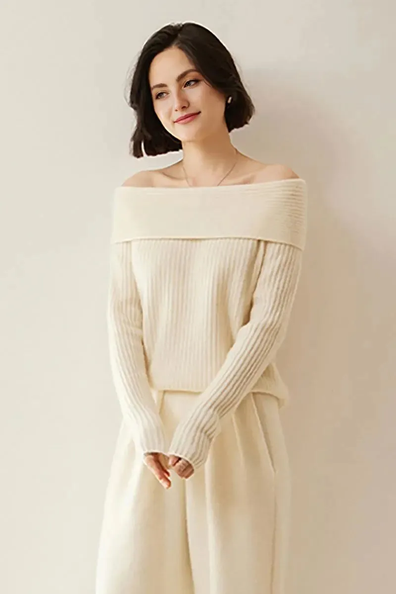 Elegant 100 Cashmere Off-the Shoulder Sweater