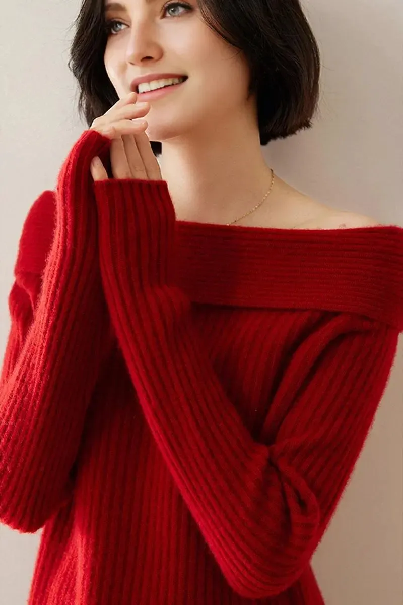 Elegant 100 Cashmere Off-the Shoulder Sweater