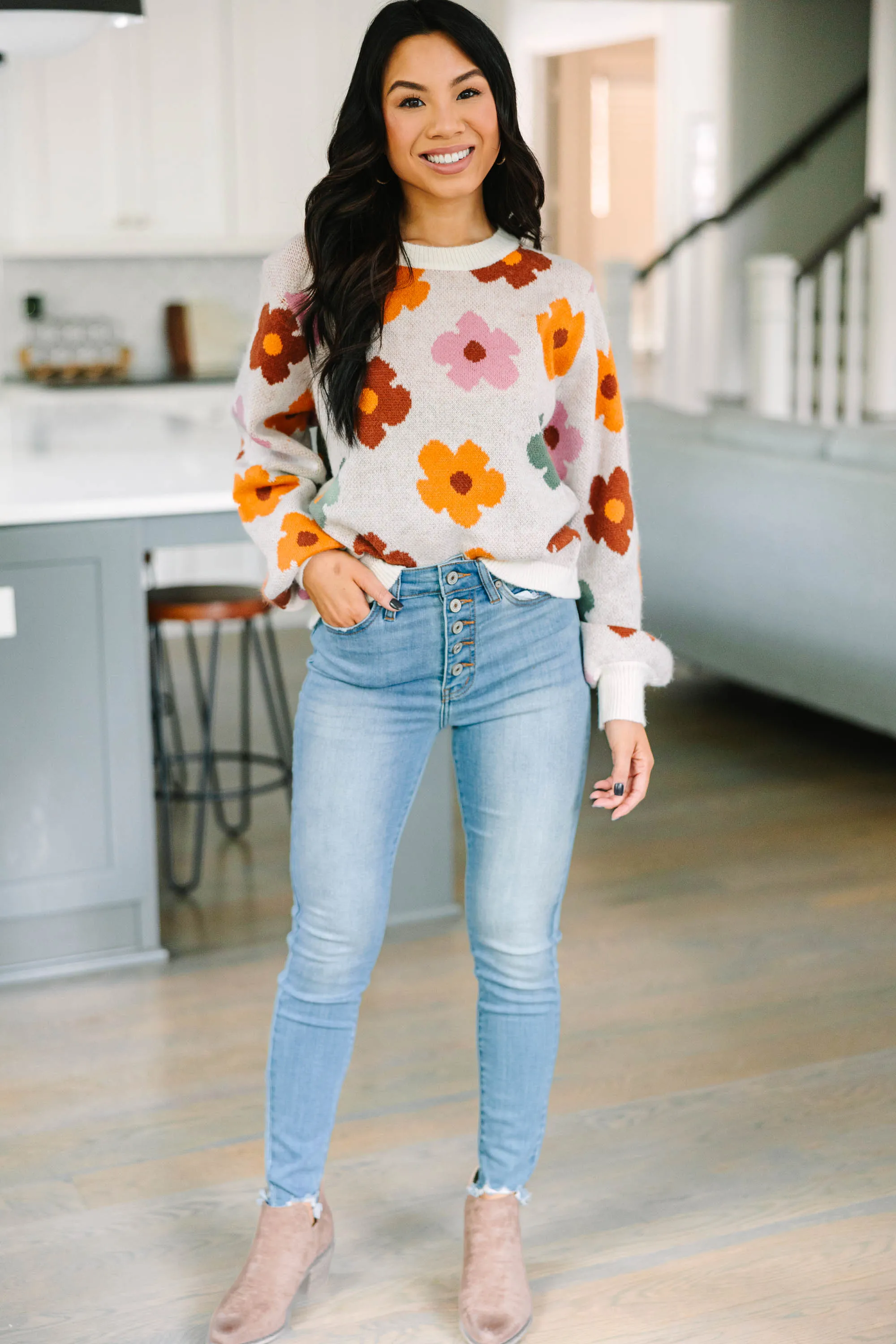 Everyday Fun Cream White Floral Sweater