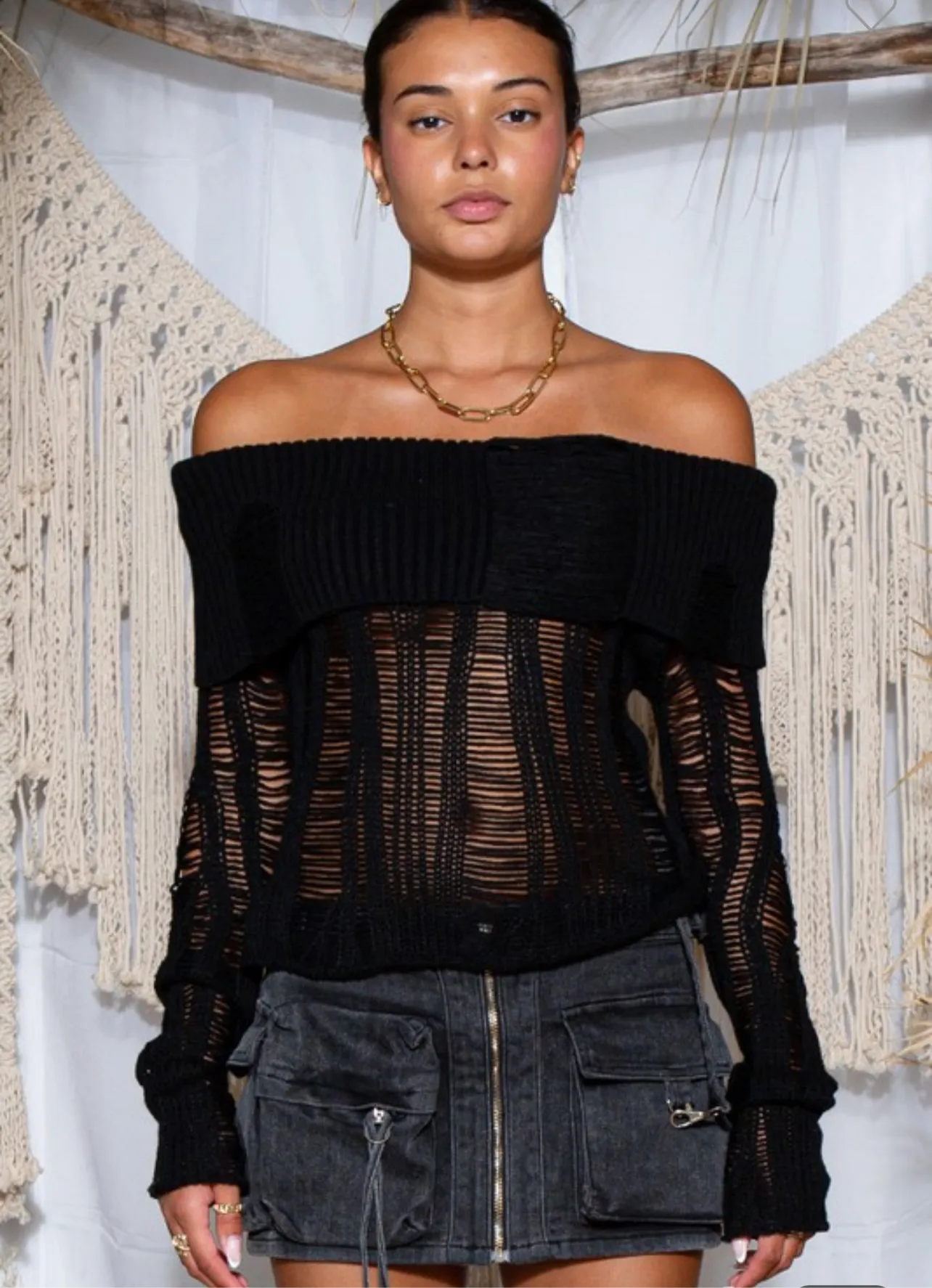 Far Fetch Distressed Off Shoulder  Sweater