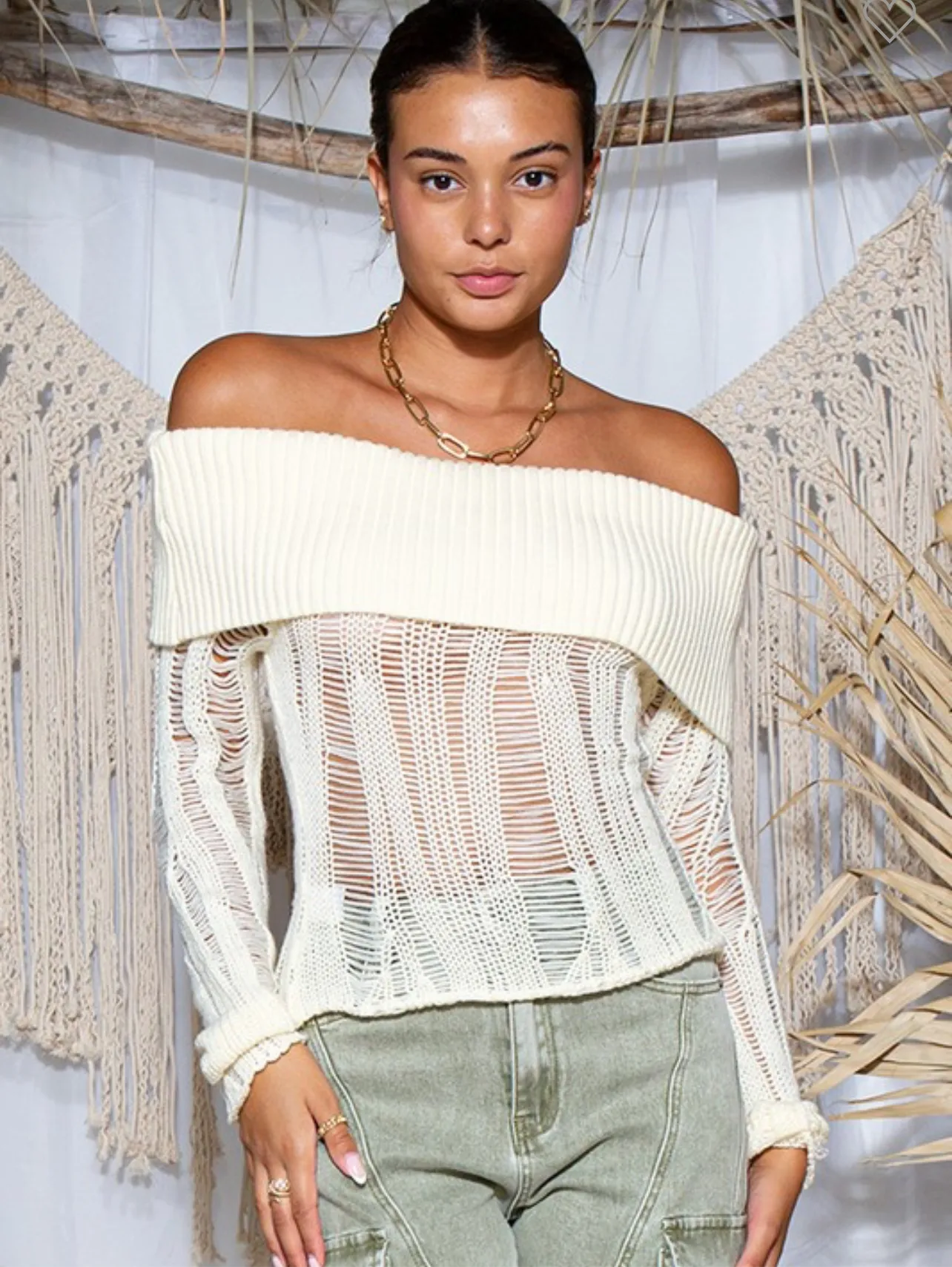 Far Fetch Distressed Off Shoulder  Sweater