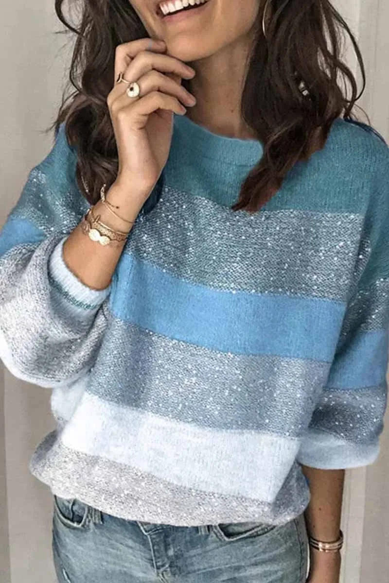 Florcoo Loose Round Neck Multicolor Knit Sweater