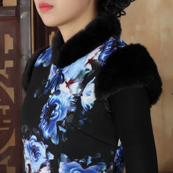 Fur Collar Cap Sleeve Floral Cotton Cheongsam Chinese Dress