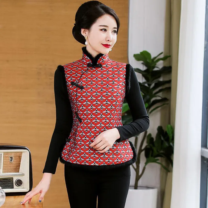 Fur Edge Brocade Cheongsam Top Traditional Wadded Chinese Waistcoat Vest