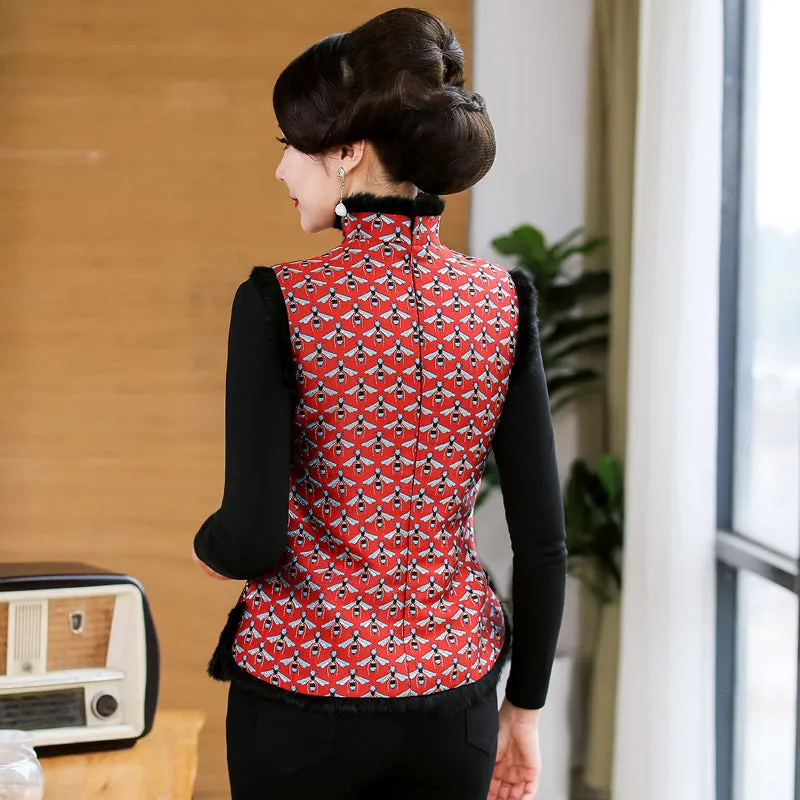 Fur Edge Brocade Cheongsam Top Traditional Wadded Chinese Waistcoat Vest