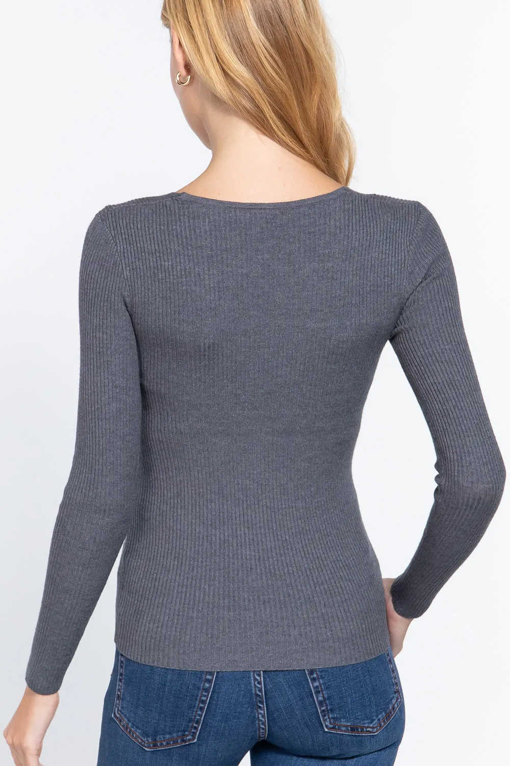Grey V-neck Viscose Rib Sweater