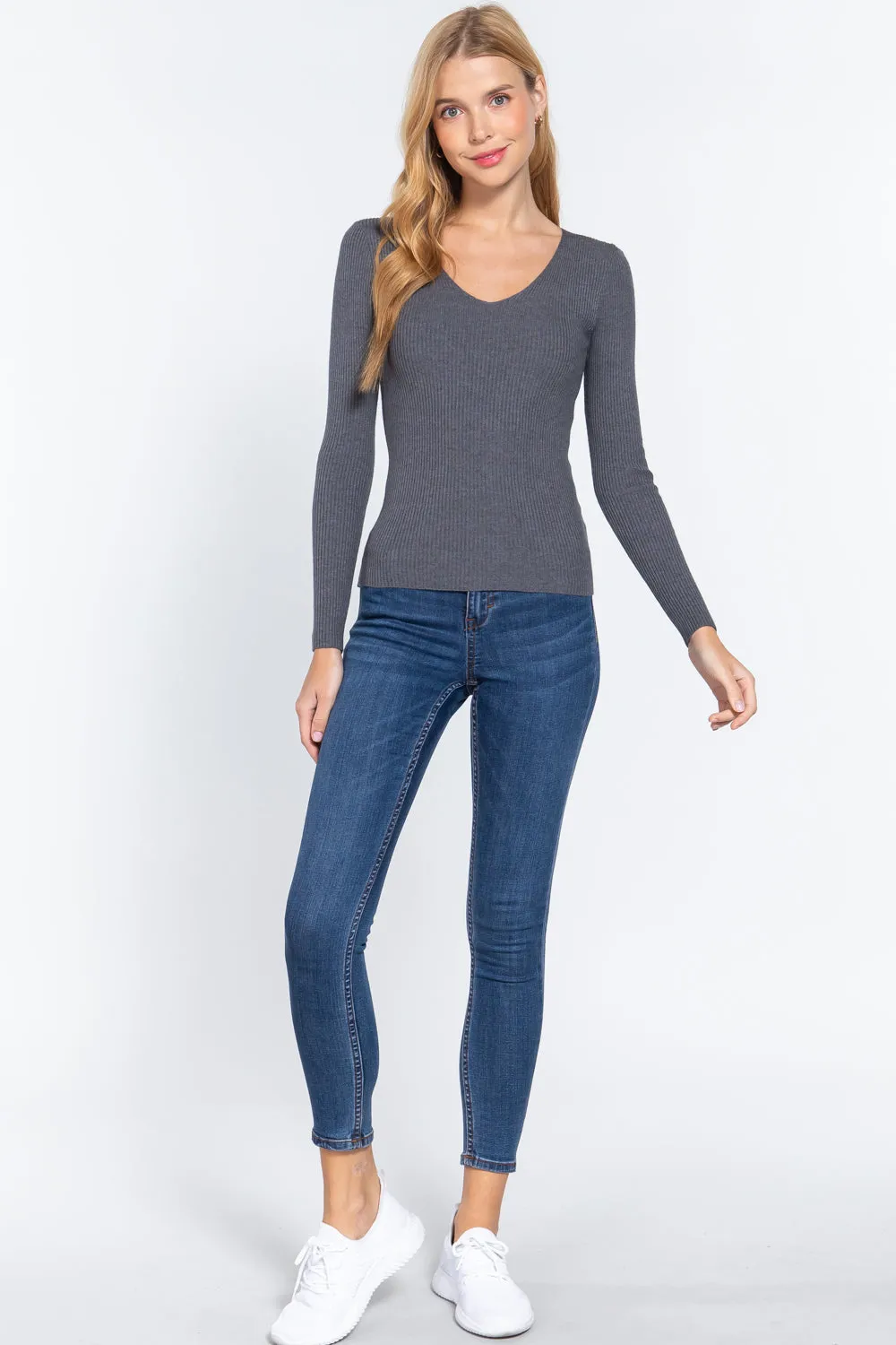 Grey V-neck Viscose Rib Sweater