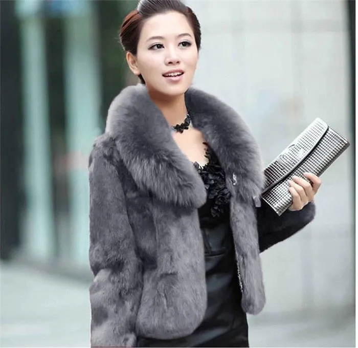 High Quality Winter Warm Fluffy Faux Fur Coats Jackets Women Furry Short Faux Fox Fur Collar Jacket Overcoat Lu1238