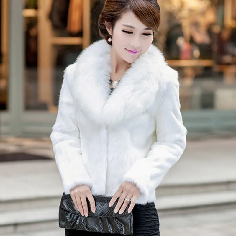 High Quality Winter Warm Fluffy Faux Fur Coats Jackets Women Furry Short Faux Fox Fur Collar Jacket Overcoat Lu1238