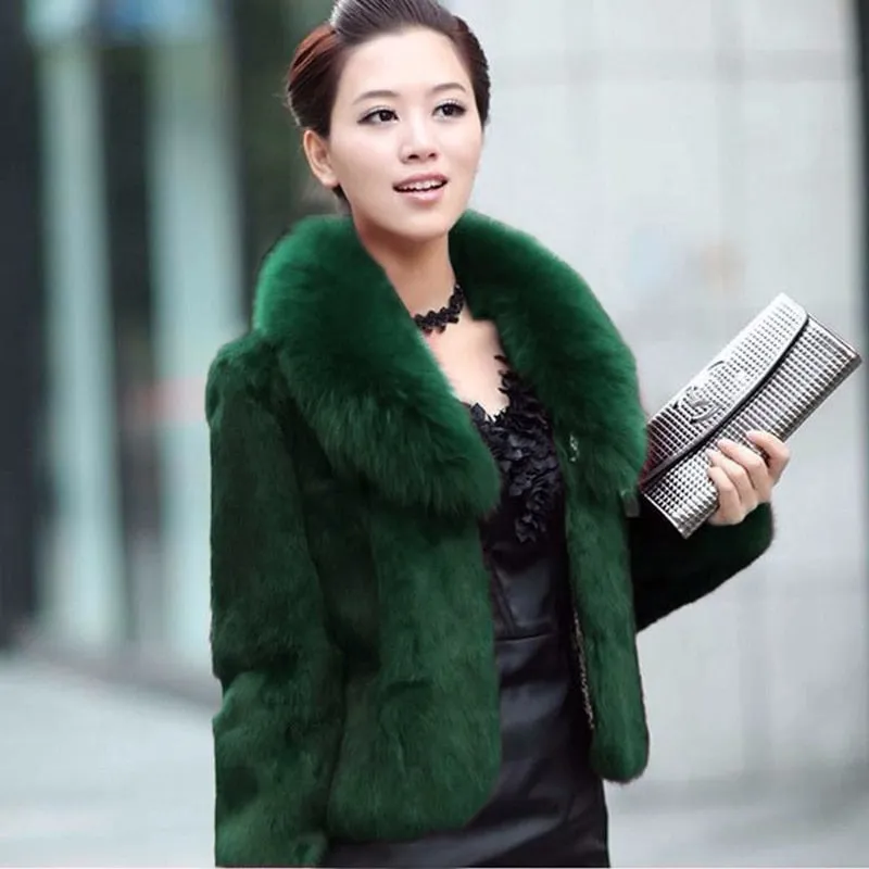 High Quality Winter Warm Fluffy Faux Fur Coats Jackets Women Furry Short Faux Fox Fur Collar Jacket Overcoat Lu1238