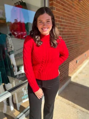 I'll Show You Red Puff Shoulder Cable Knit Sweater with Mock Neck