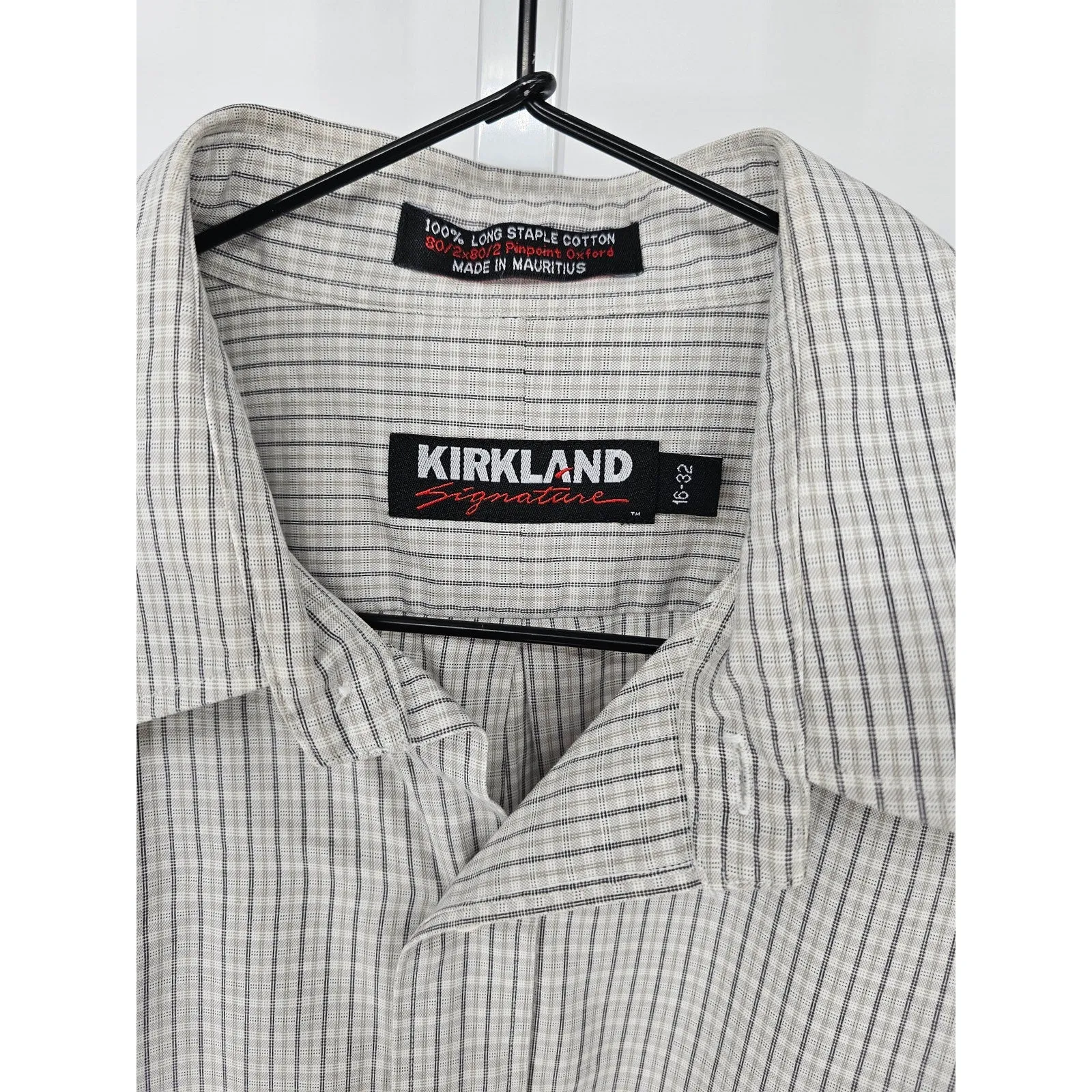 Kirkland Men Sz 16-32 Long Sleeve Dress Shirt 100% Long Staple Cotton White Gray