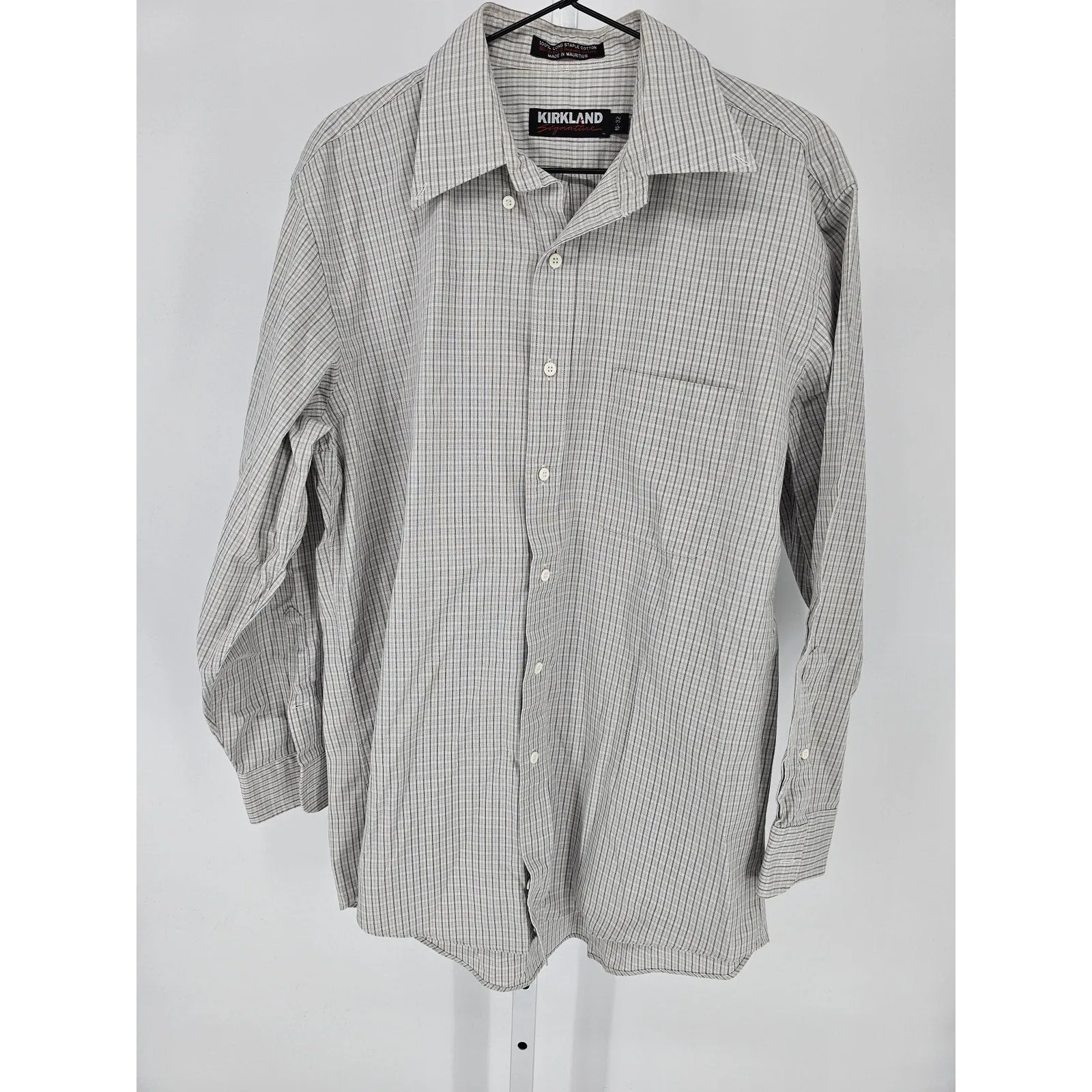 Kirkland Men Sz 16-32 Long Sleeve Dress Shirt 100% Long Staple Cotton White Gray