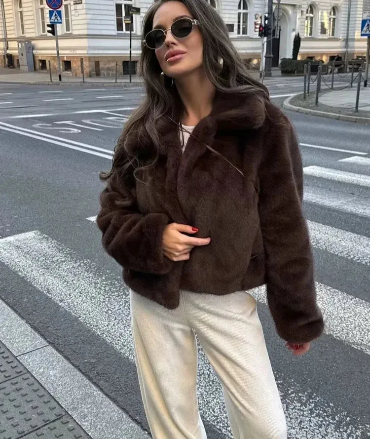 Lapel Side Pockets Faux Fur Jackets