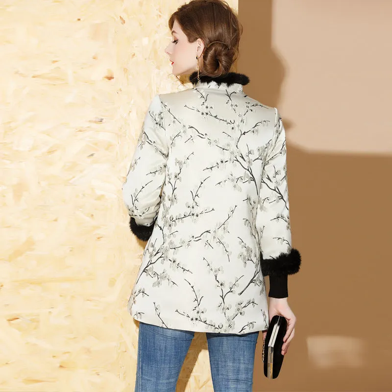 Long Sleeve Floral Fancy Cotton Chinese Style Wadded Coat with Fur Edge
