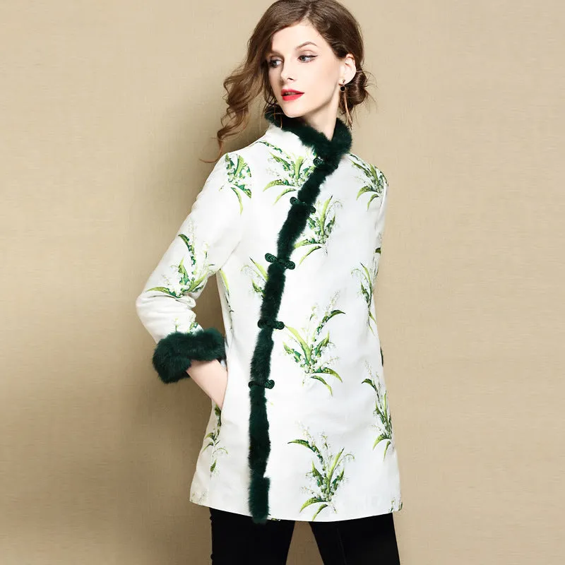 Long Sleeve Floral Fancy Cotton Chinese Style Wadded Coat with Fur Edge