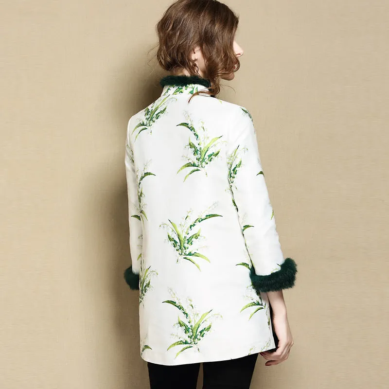 Long Sleeve Floral Fancy Cotton Chinese Style Wadded Coat with Fur Edge