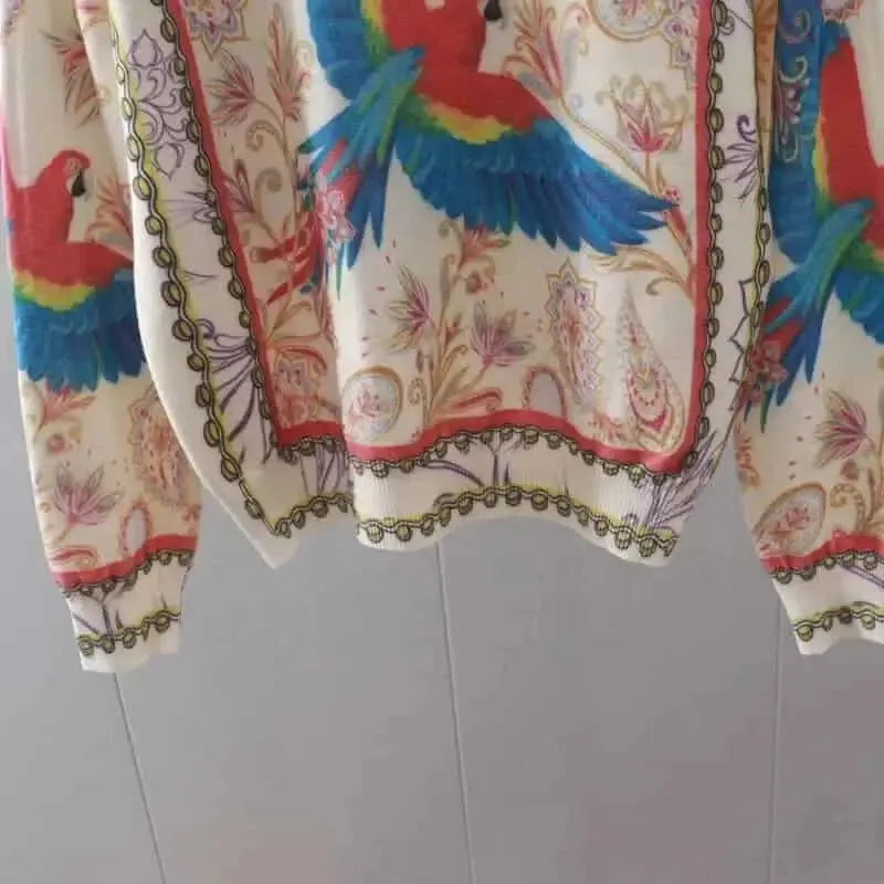 Long Sleeve Knitted Flower and Bird Print Sweater