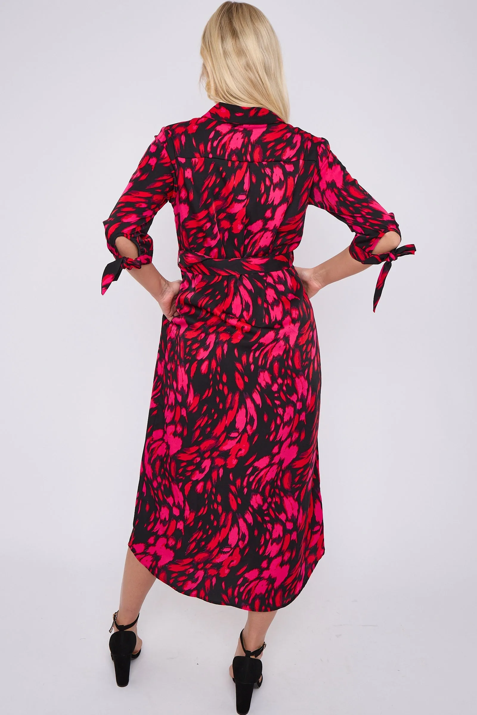 LOVE SUNSHINE Fuchsia Leopard Print Half Sleeve Belted Maxi Shirt Dress