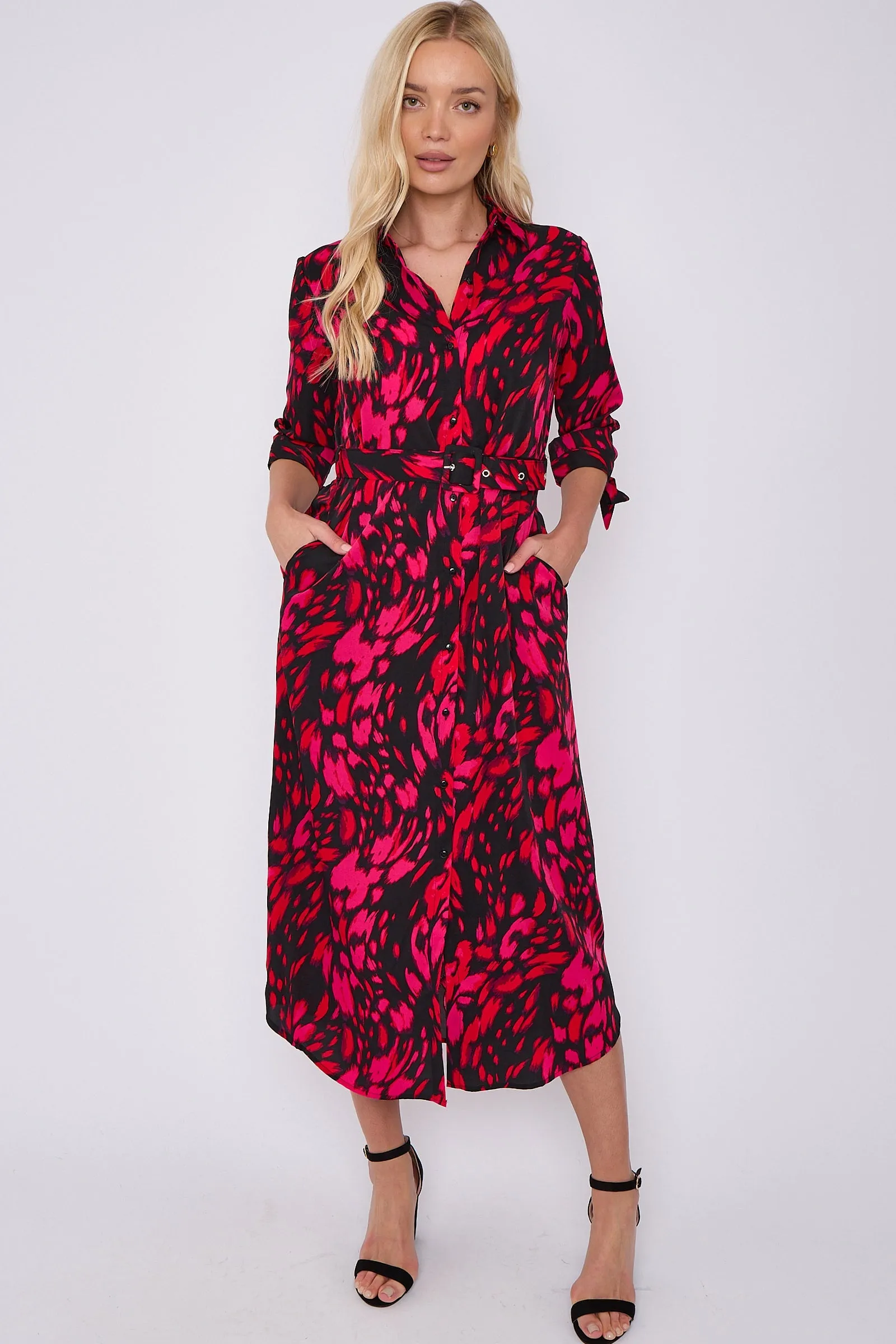 LOVE SUNSHINE Fuchsia Leopard Print Half Sleeve Belted Maxi Shirt Dress