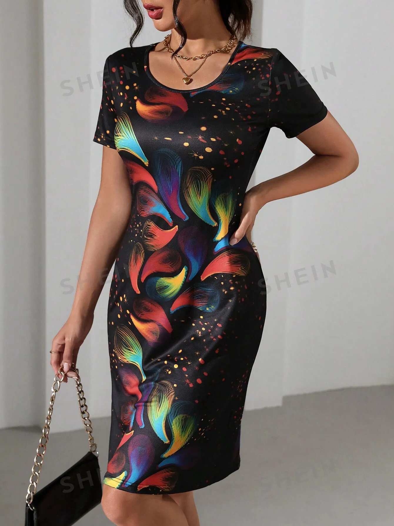 LUNE All-Over Printed Round Neck Casual Versatile Short Sleeve Dress