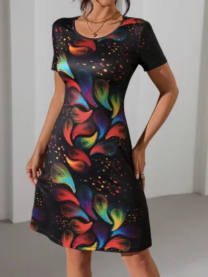 LUNE All-Over Printed Round Neck Casual Versatile Short Sleeve Dress
