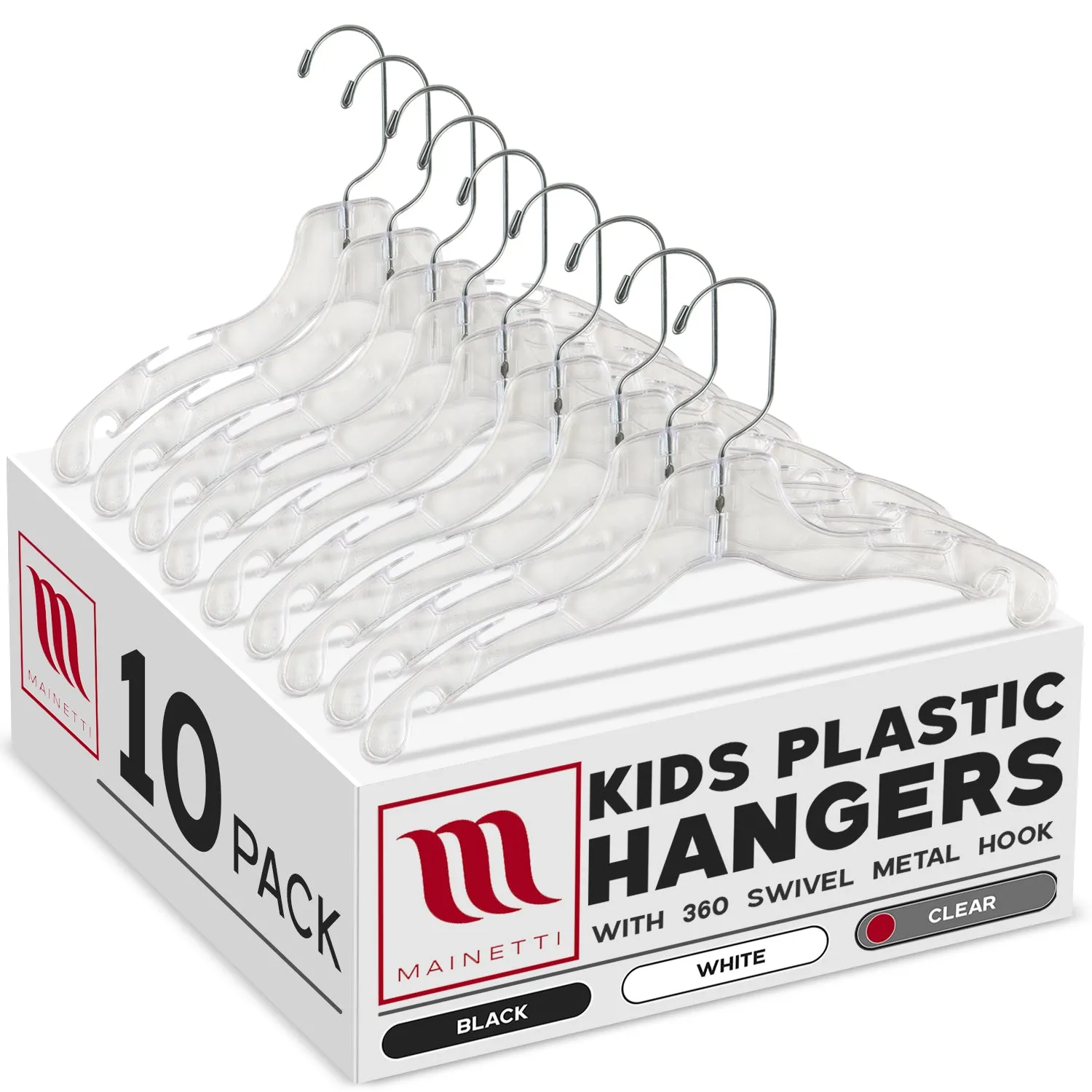 Mainetti 5075, 12" Clear Plastic, Children's Shirt Top Dress Hangers, with 360 swivel metal hook and notches for straps