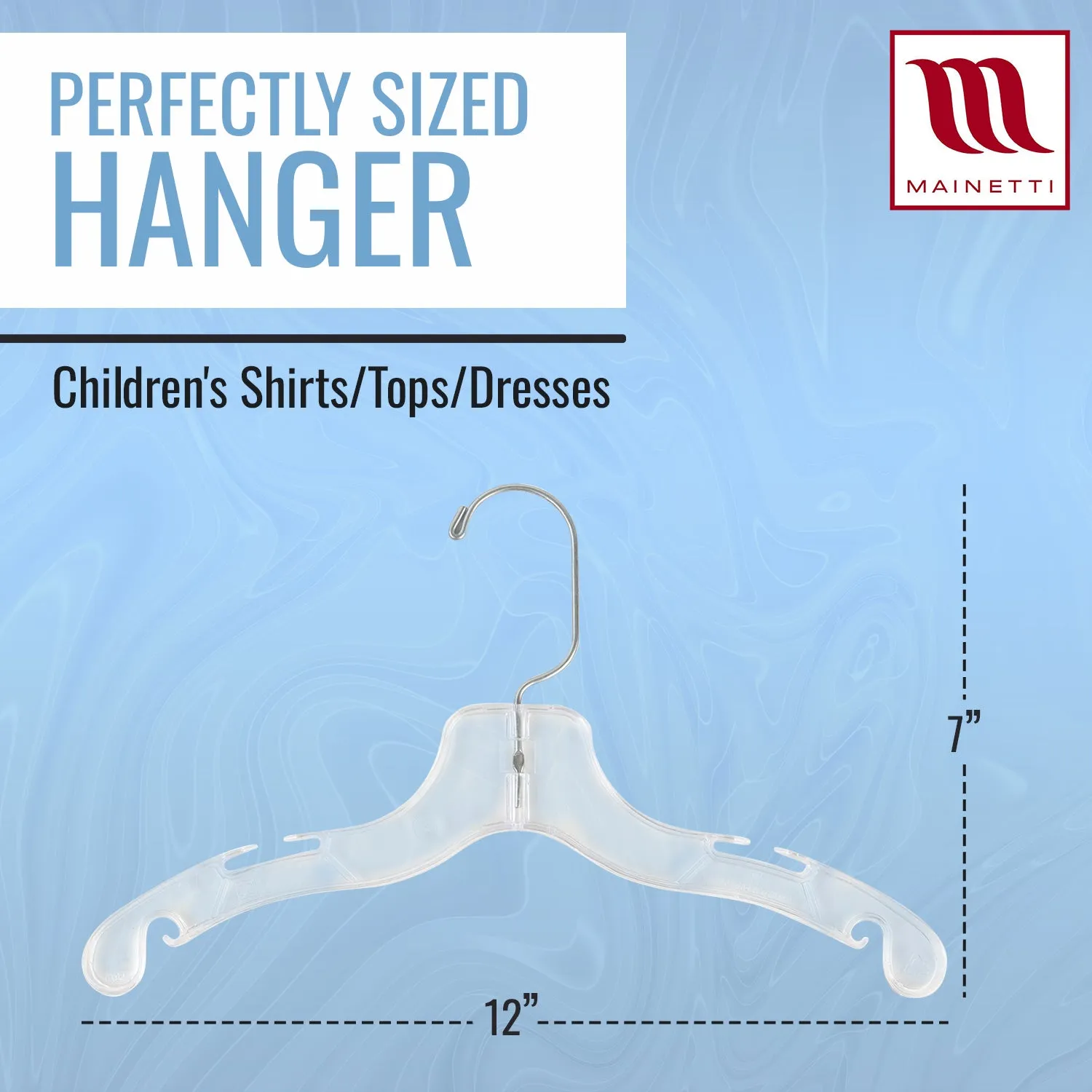 Mainetti 5075, 12" Clear Plastic, Children's Shirt Top Dress Hangers, with 360 swivel metal hook and notches for straps
