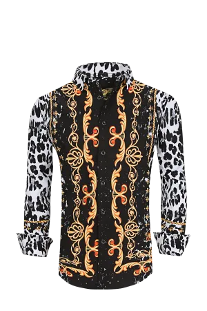 Men PREMIERE Long Sleeve Button Down Dress Shirt White White Black Leopard Spots