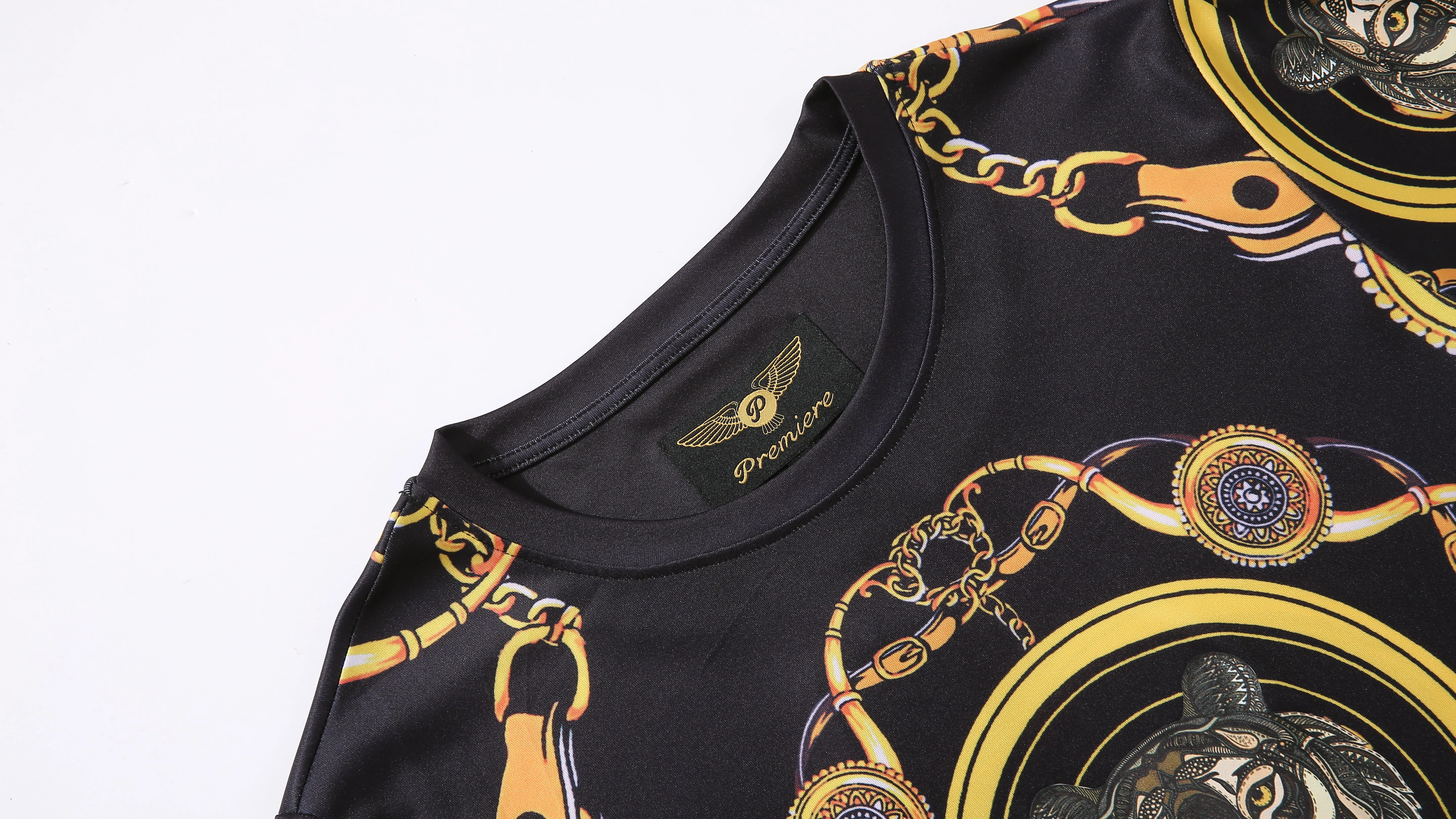 Men PREMIERE SLIM FIT Short Sleeve T SHIRT BLACK GOLD KING LION CHAIN PRINT Designer Shirt