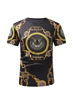 Men PREMIERE SLIM FIT Short Sleeve T SHIRT BLACK GOLD KING LION CHAIN PRINT Designer Shirt