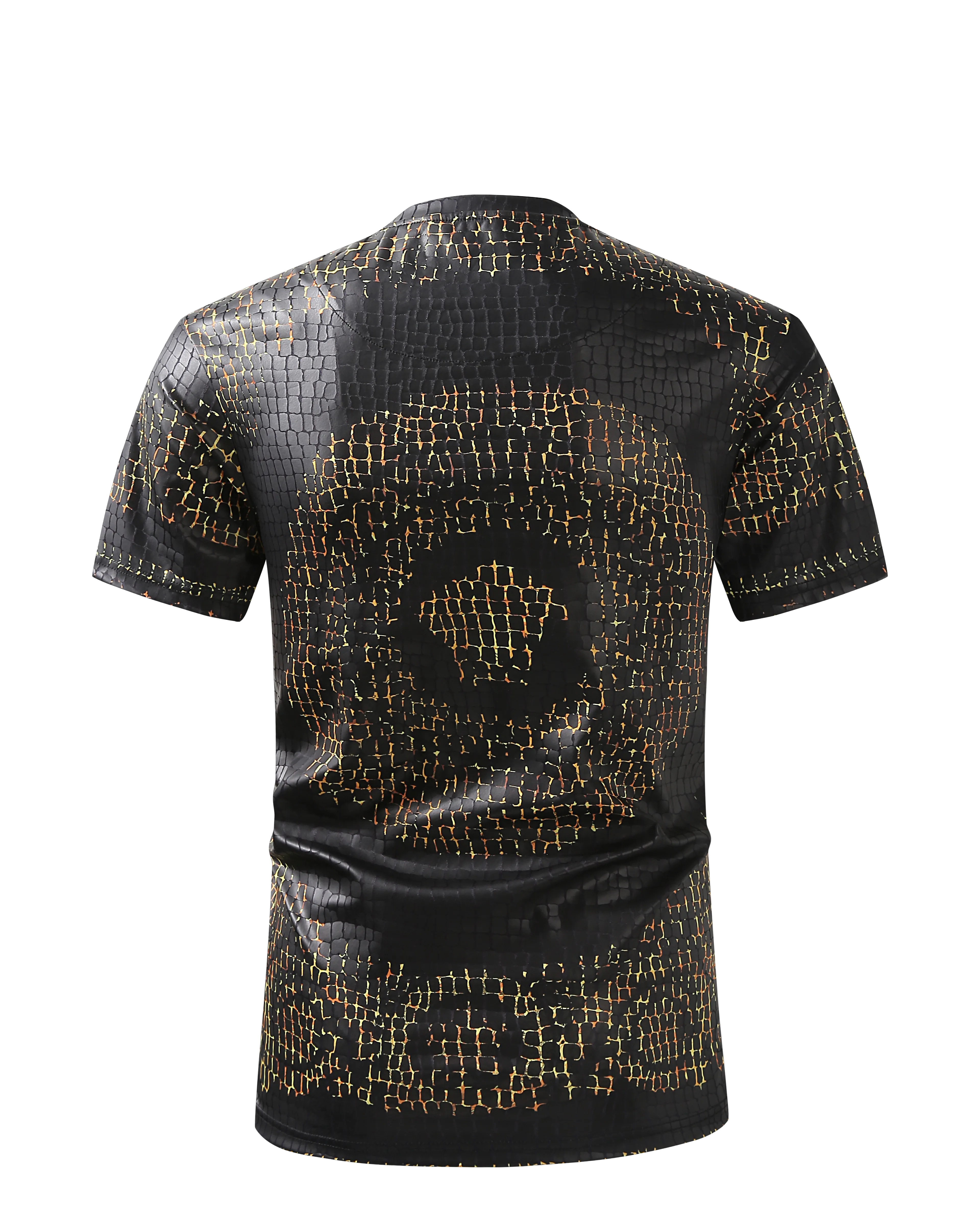 Men PREMIERE SLIM FIT Short Sleeve T SHIRT BLACK GOLD REPTILE CROCODILE SKIN PRINT Designer Shirt