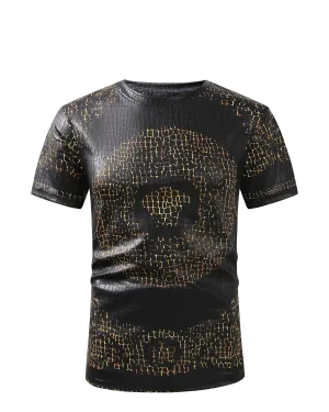 Men PREMIERE SLIM FIT Short Sleeve T SHIRT BLACK GOLD REPTILE CROCODILE SKIN PRINT Designer Shirt