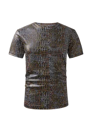 Men PREMIERE SLIM FIT Short Sleeve T SHIRT WHITE GOLD RAISED REPTILE PRINT Designer Shirt