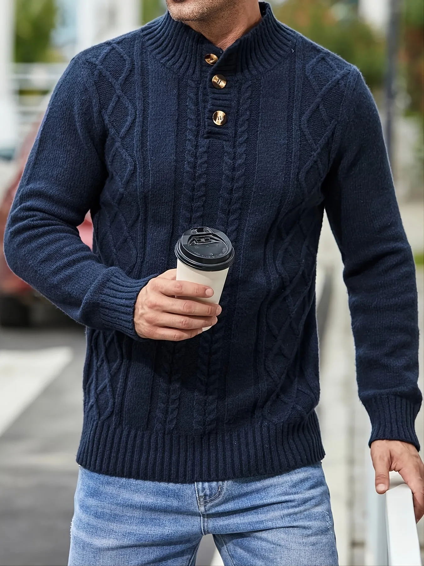 Men's Cable Knit Button Retro  Long Sleeve Pullover Sweater