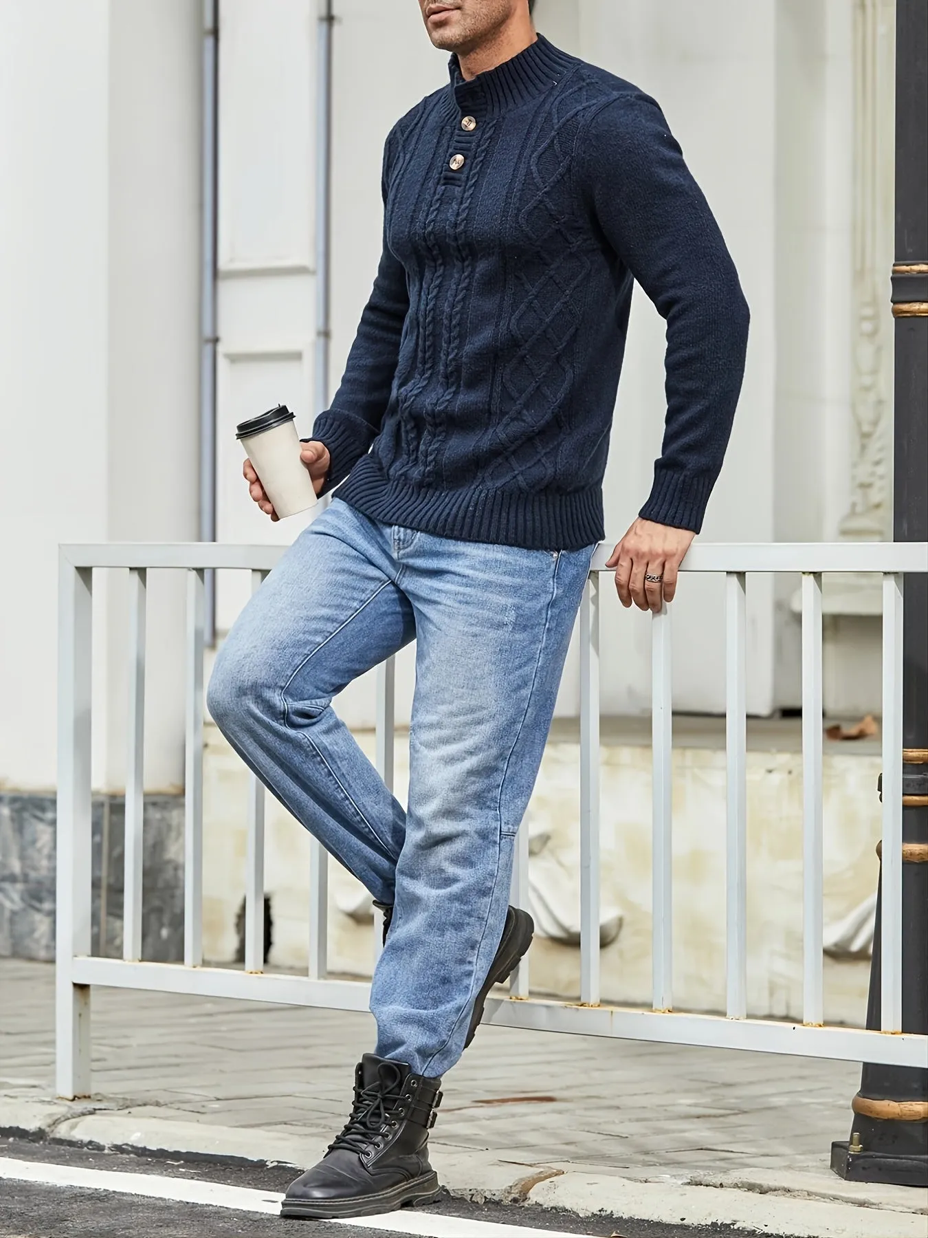 Men's Cable Knit Button Retro  Long Sleeve Pullover Sweater
