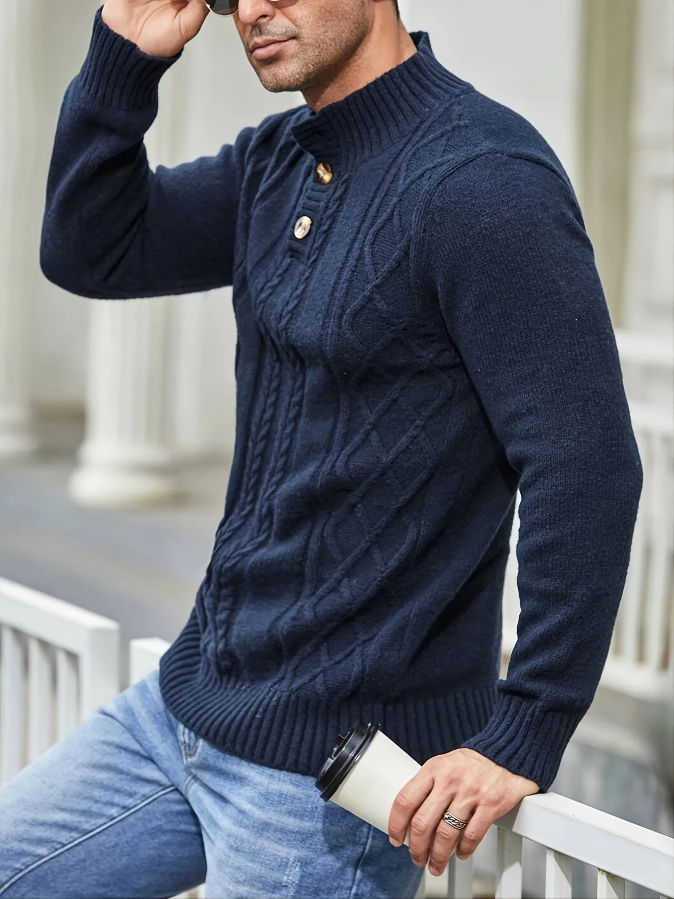 Men's Cable Knit Button Retro  Long Sleeve Pullover Sweater