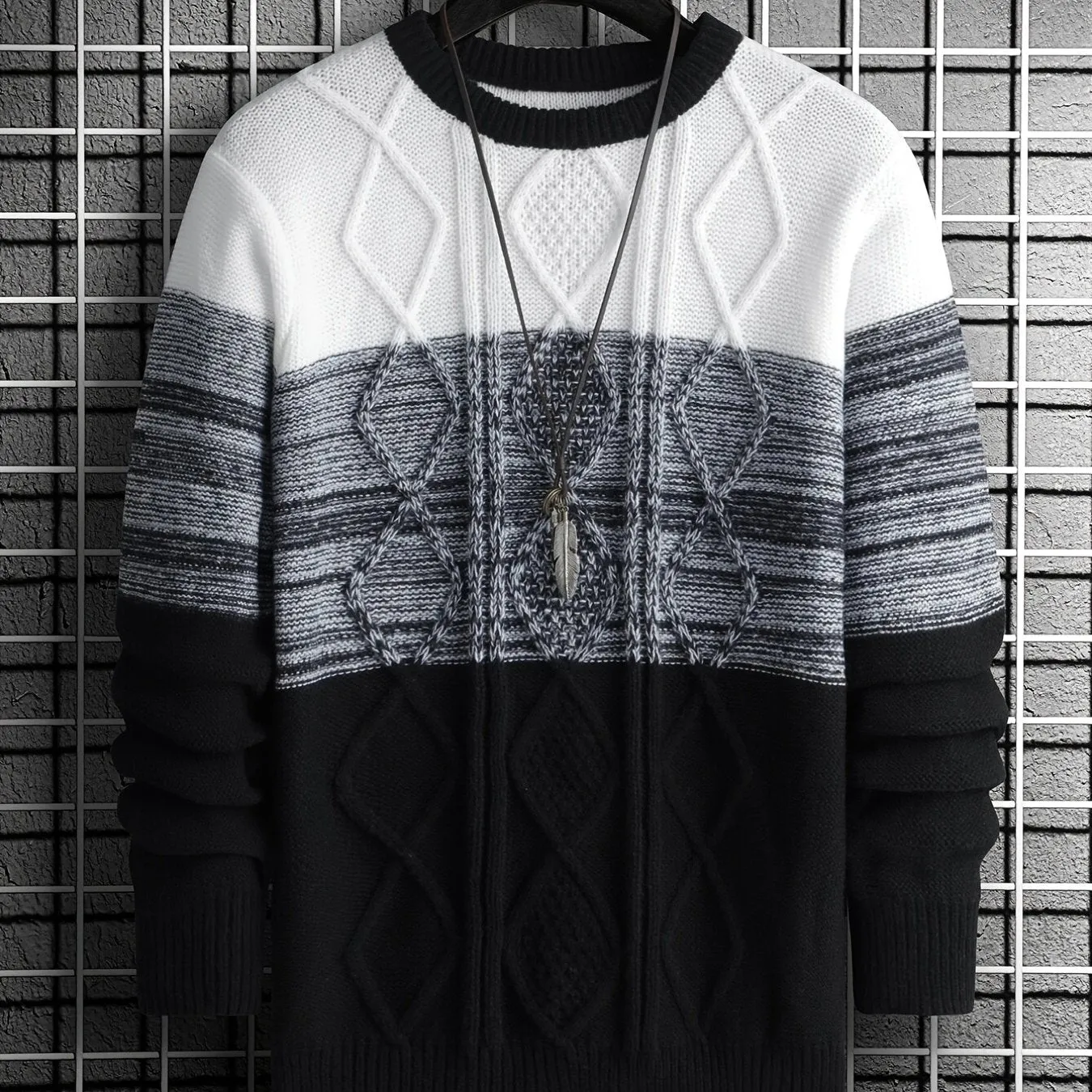 Men's Gradient Crewneck Casual Check Knit Pullover Sweater