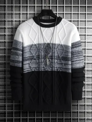 Men's Gradient Crewneck Casual Check Knit Pullover Sweater