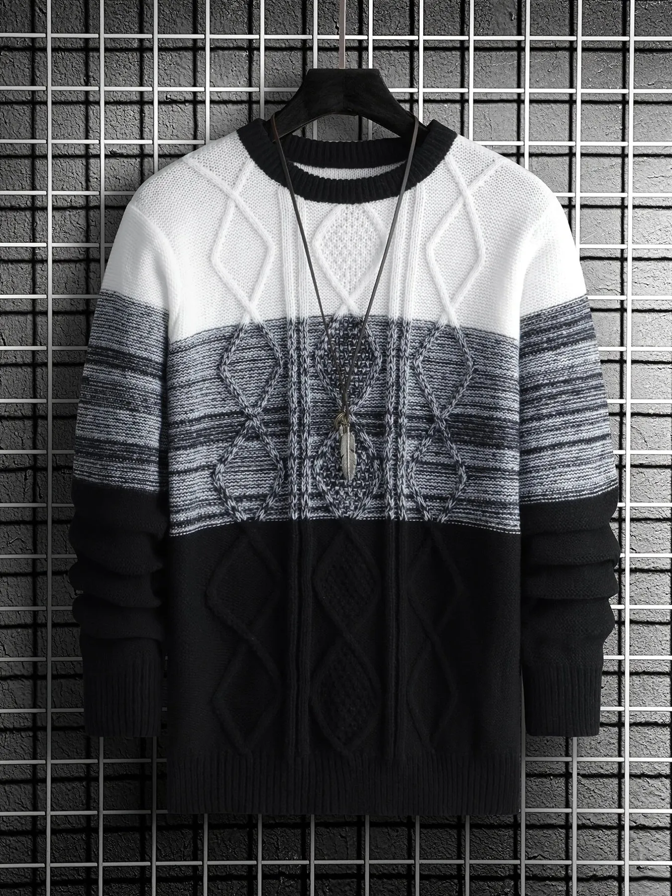 Men's Gradient Crewneck Casual Check Knit Pullover Sweater