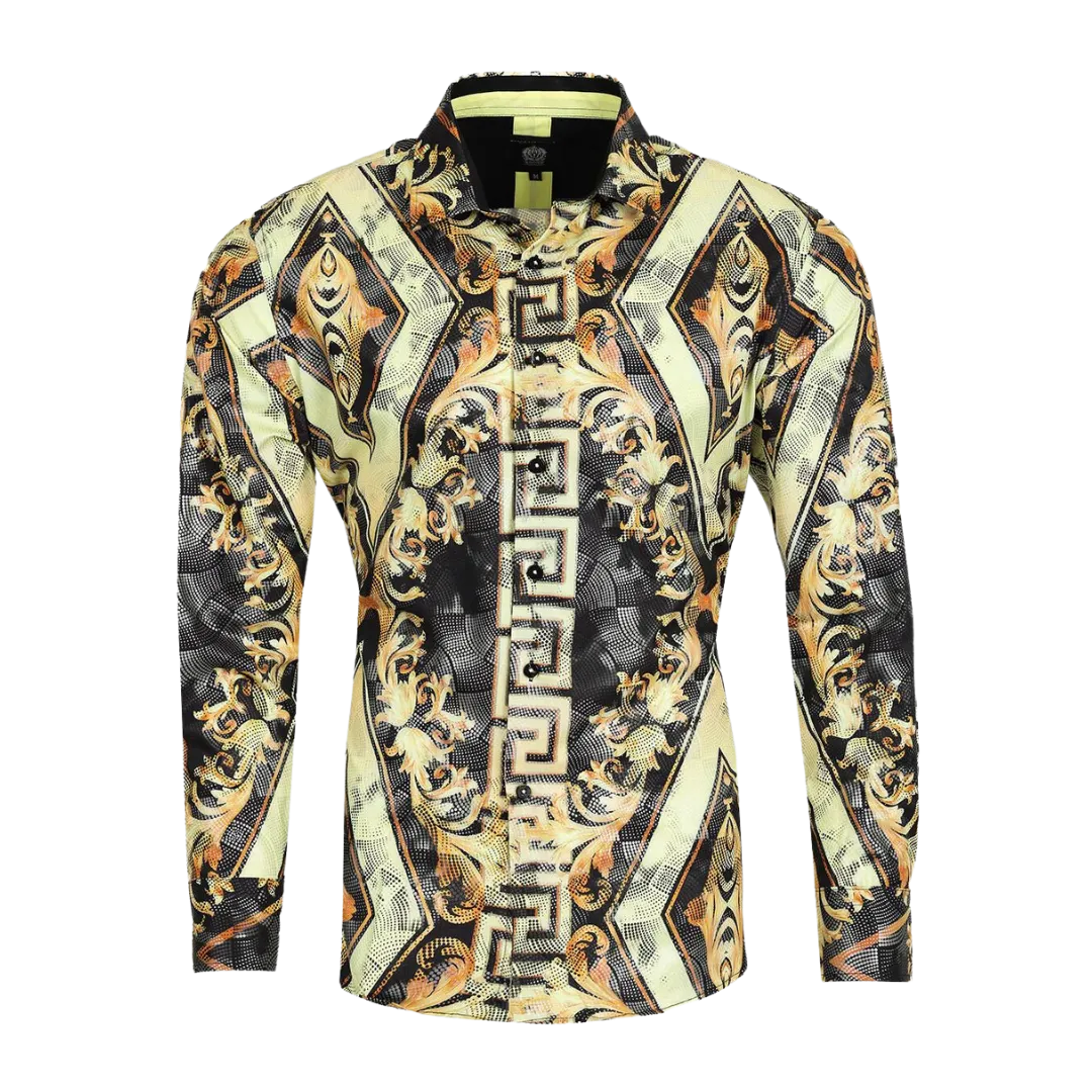 Men's Long Sleeve Button Down Dress Shirt Black Gold Diamond Tribal Geometric All Over Pattern