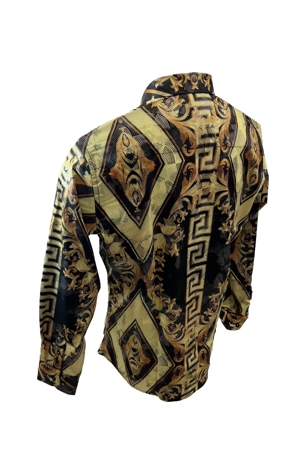Men's Long Sleeve Button Down Dress Shirt Black Gold Diamond Tribal Geometric All Over Pattern