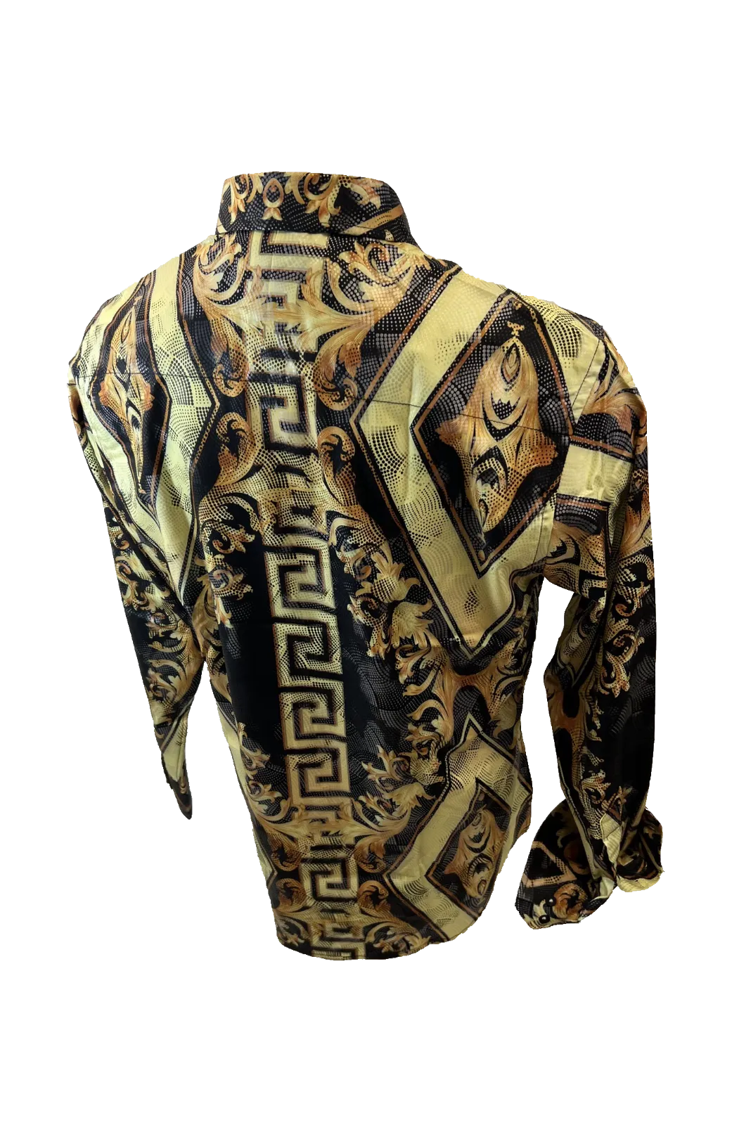 Men's Long Sleeve Button Down Dress Shirt Black Gold Diamond Tribal Geometric All Over Pattern