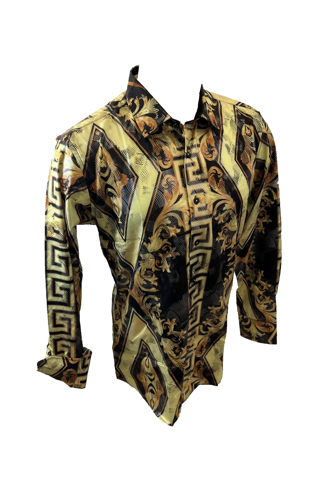 Men's Long Sleeve Button Down Dress Shirt Black Gold Diamond Tribal Geometric All Over Pattern