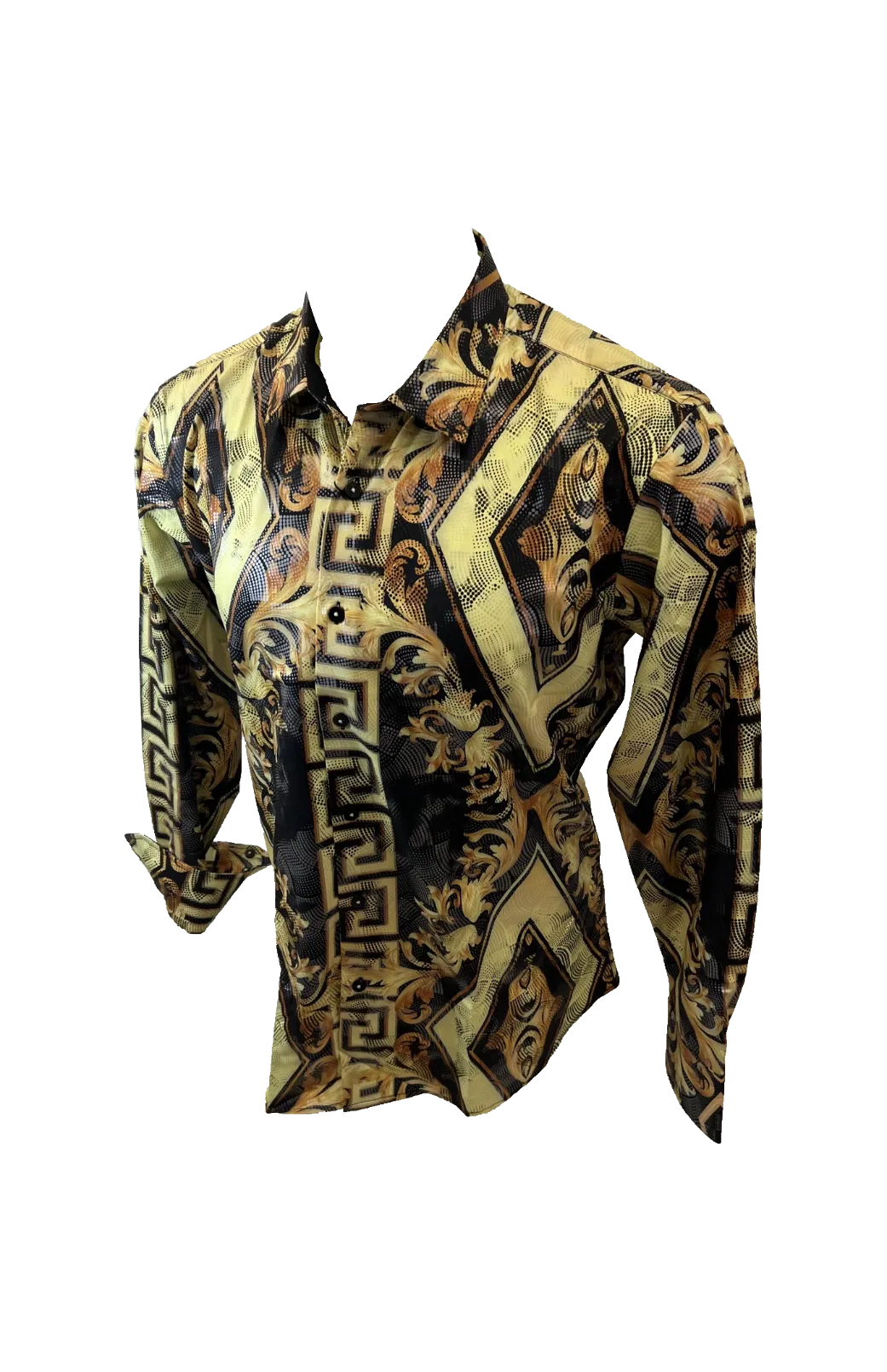 Men's Long Sleeve Button Down Dress Shirt Black Gold Diamond Tribal Geometric All Over Pattern